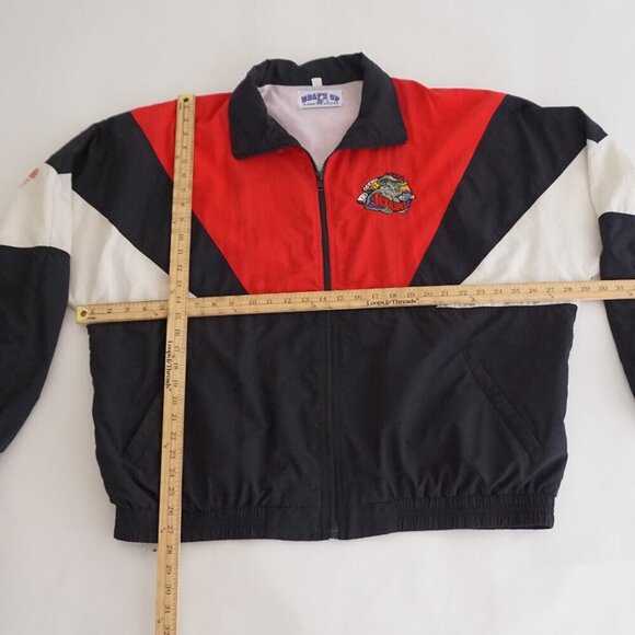 Vintage '80s What's Up Red Black Jackalopes Nylon Cotton Lined Sporty Jacket XL - Picture 4 of 11